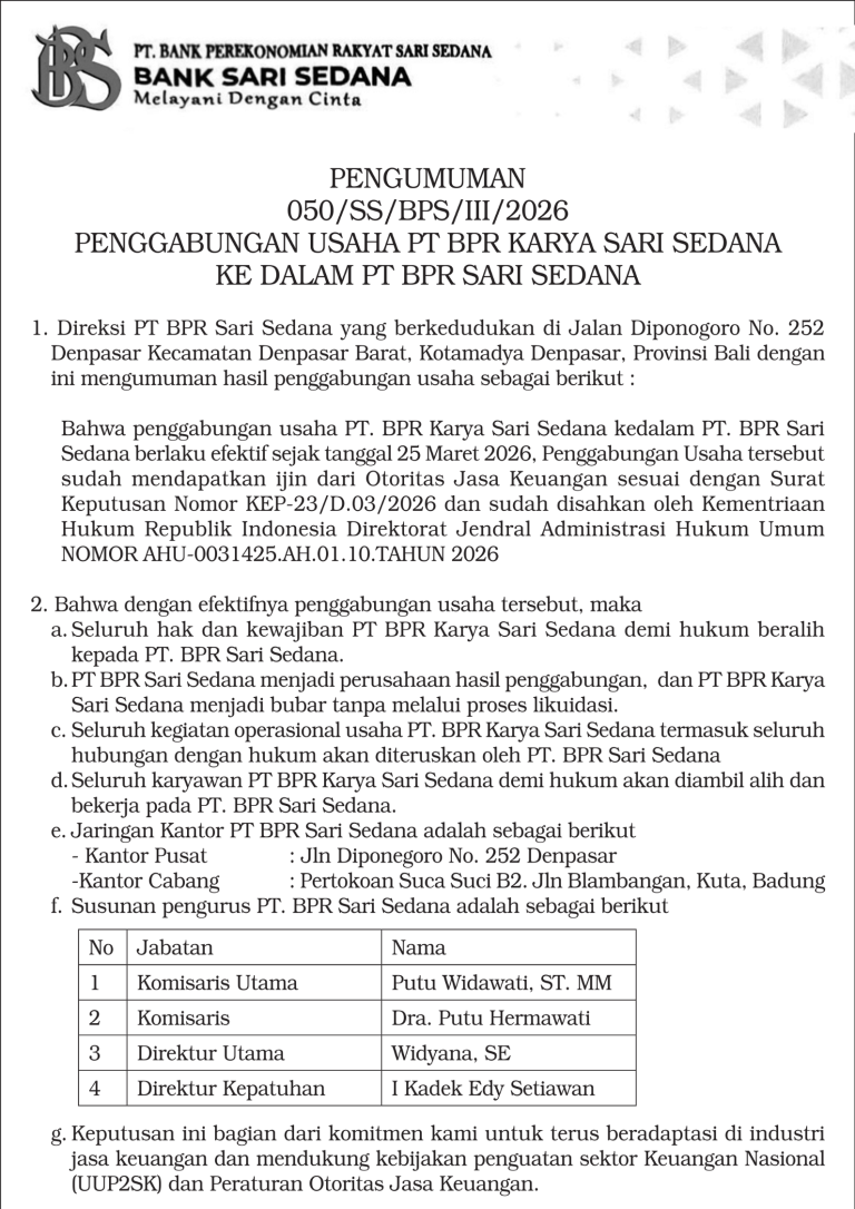 PENGUMUMAN PENGGABUNGAN USAHA PT BPR KARYA SARI SEDANA KE DALAM PT BPR SARI SEDANA